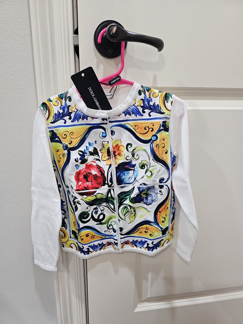 Dolce & Gabbana White Floral Tile Zip Cardigan with Yellow & Blue Accents